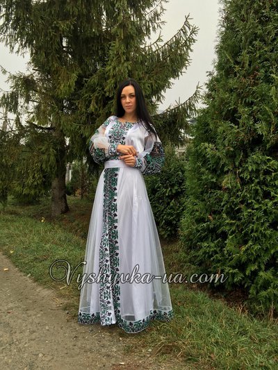 Silk embroidered dress with a veil a sheep cape "Forest sorceress"