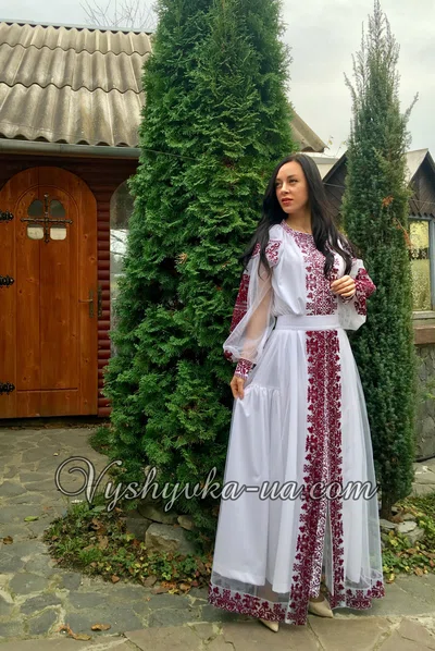 Silk embroidered dress with a tulle cape "Bordeaux"